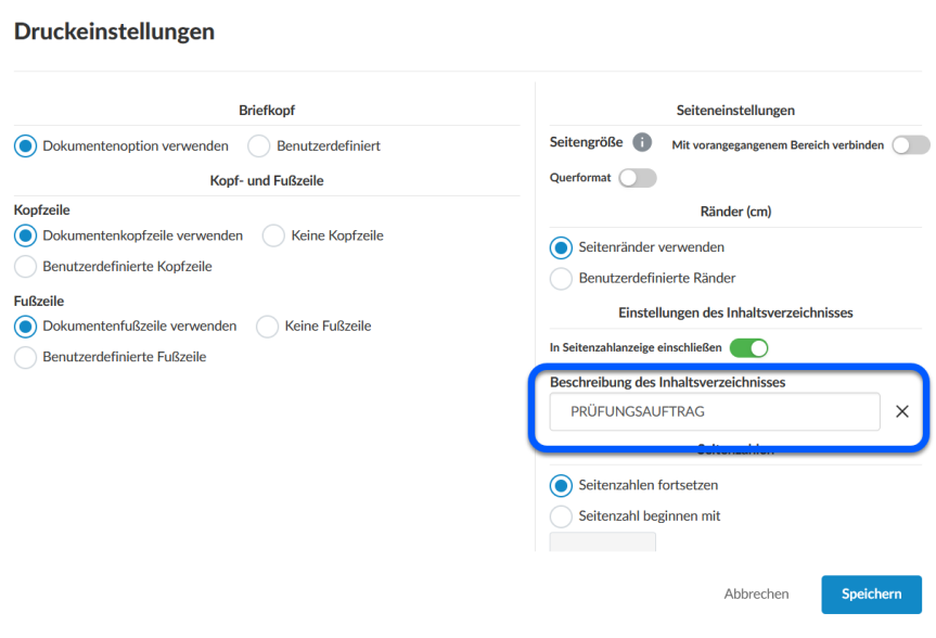 Screenshot des Menüs Druckeinstellungen 