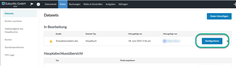 Screenshot der Seite Datasets mit Auswahl der Schaltfläche Konfigurieren