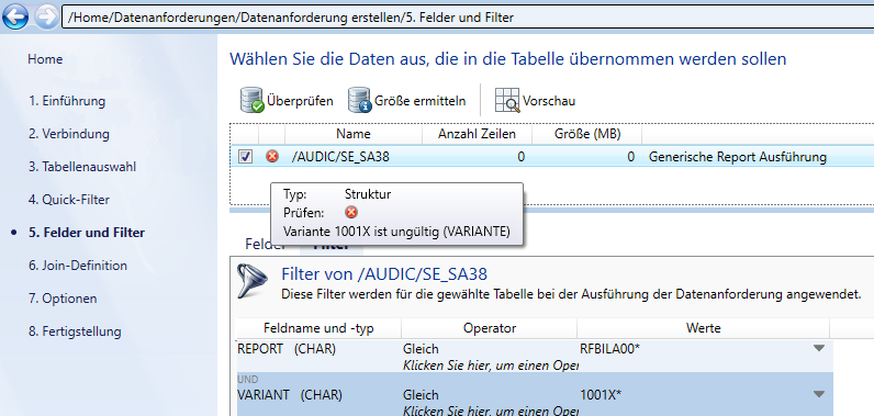 Überprüfung, ob die Variante auf dem SAP®-System bekannt ist