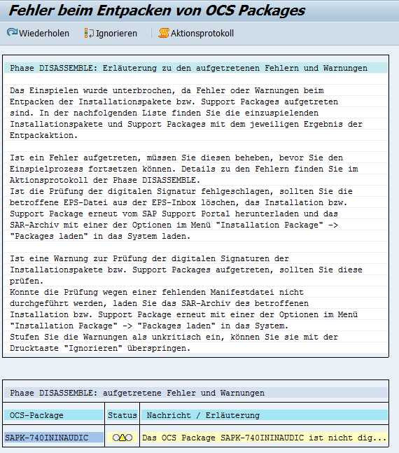 Fehler beim Entpacken von OCS Packages