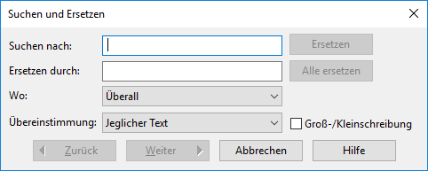 Der Dialog Suchen/Ersetzen beinhaltet Felder zur Eingabe von zu suchendem Text und Text, mit dem der gesuchte Text ersetzt werden soll.