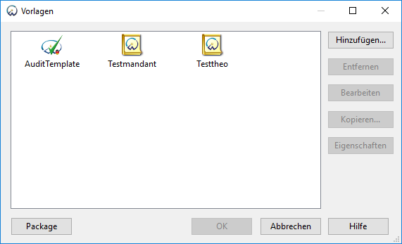 Der Dialog Vorlagen zeigt eine Liste von Vorlagen mit Anpassungs- und Package-Optionen an.